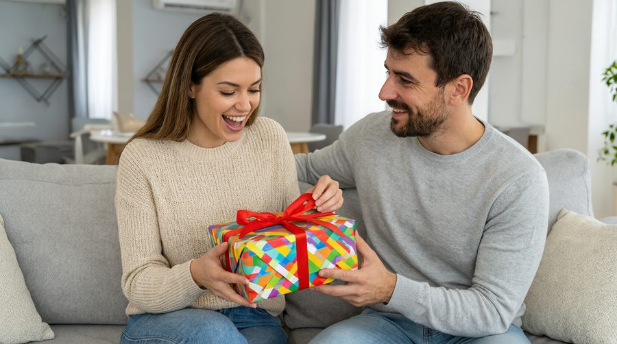 A couple smiling while opening a wrapped gift together